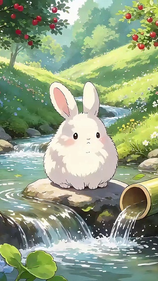 森林溪流消暑小兔