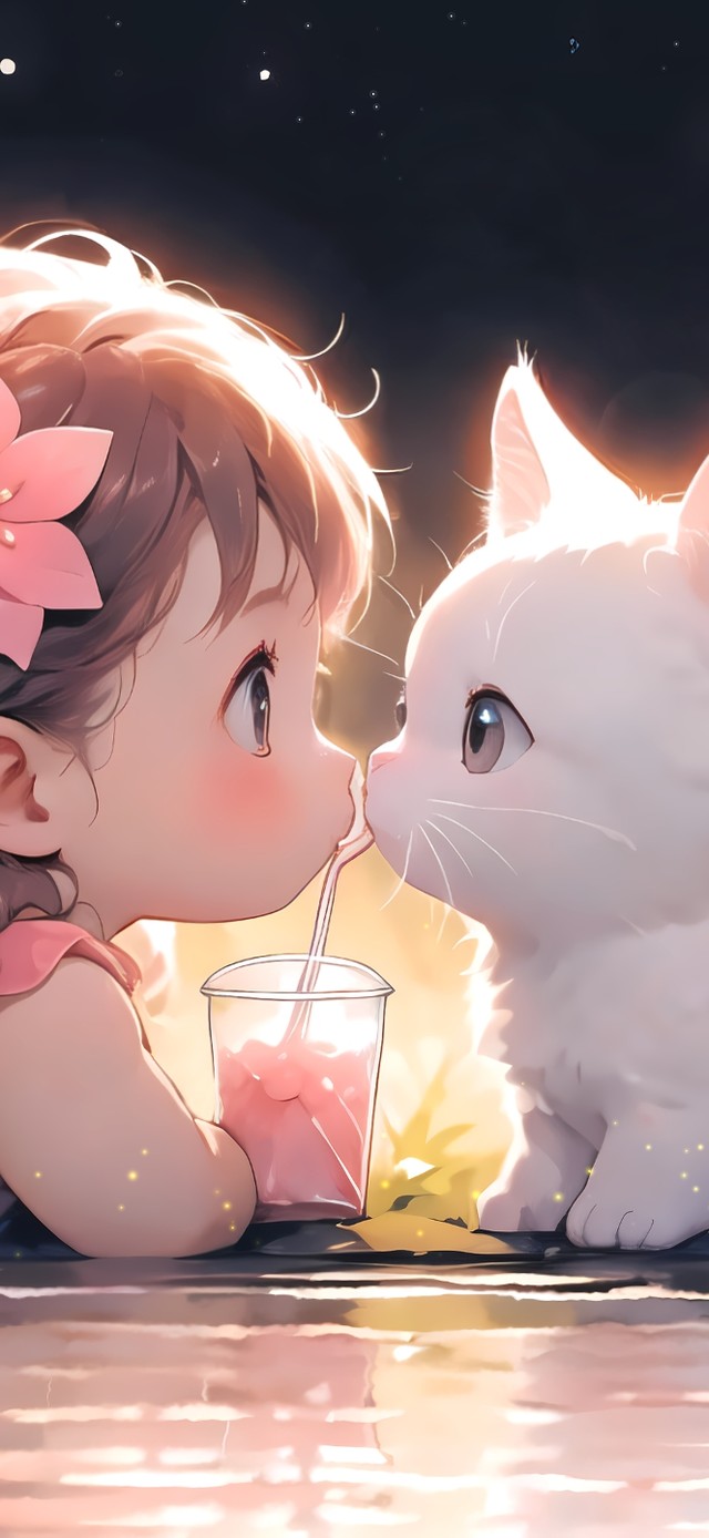 星空下女孩和猫咪