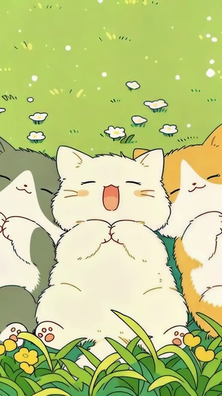 春日草坪上的三只小猫咪