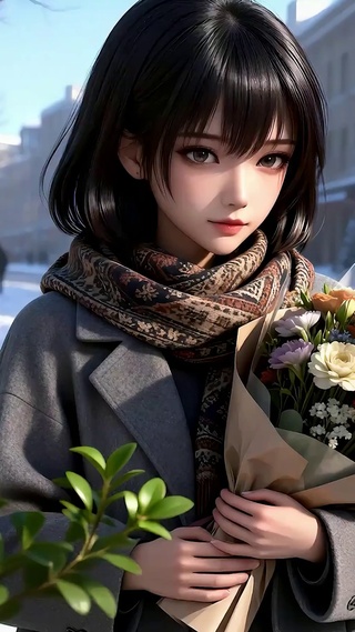 雪天手捧鲜花女孩