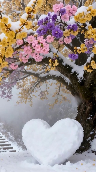爱心雪景大树雪天唯美场景