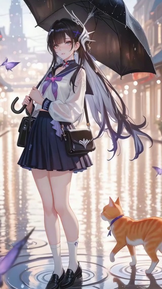 雨夜街道伞娘与猫