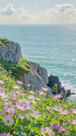 海岸悬崖花海唯美风景