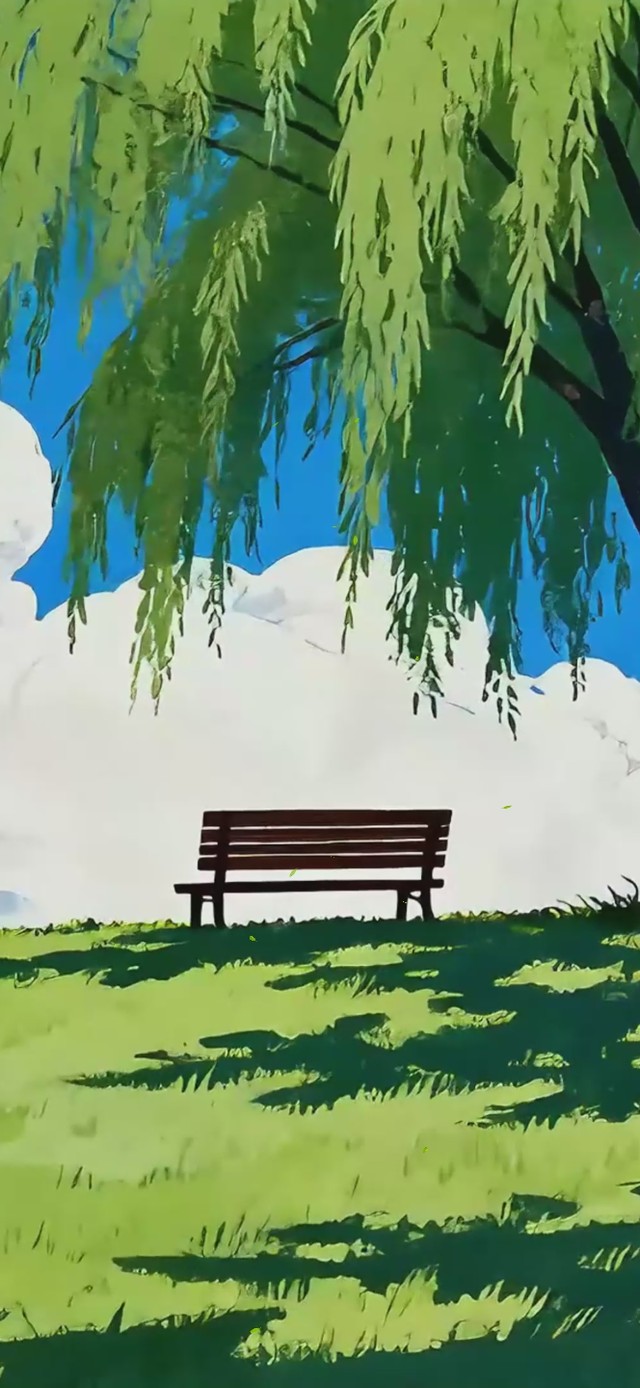 蓝天柳树长椅