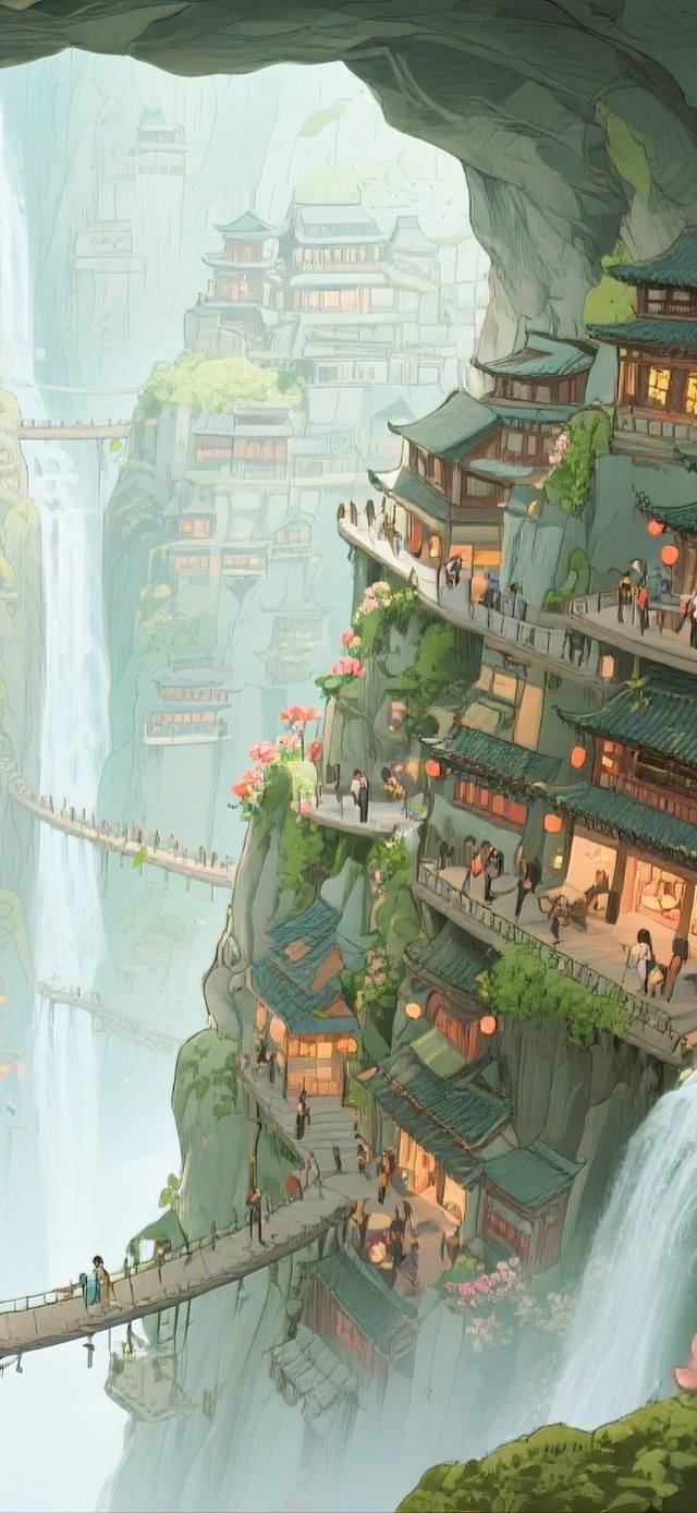洞中古风瀑布小镇