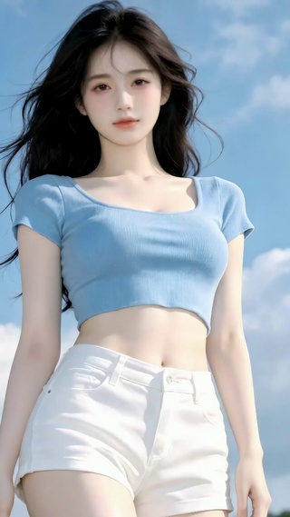 蓝天白云下甜美少女