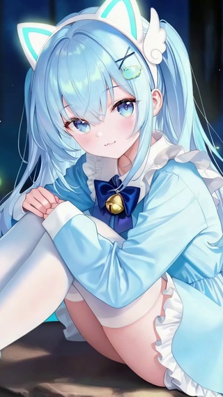 蓝发猫耳少女 林间溪流之夜