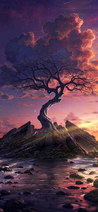 唯美插画夕阳海岛孤树