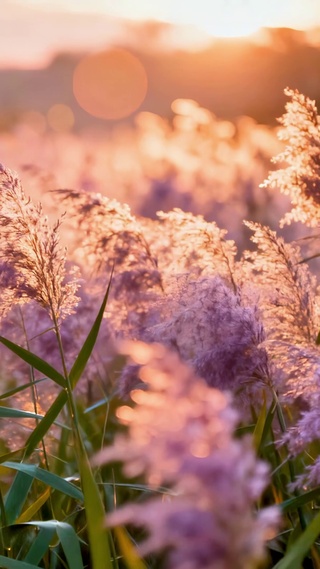 夕阳与微风下的芦苇