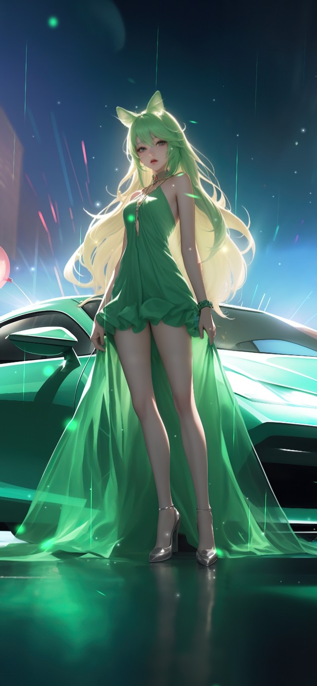 绿色跑车长腿女孩