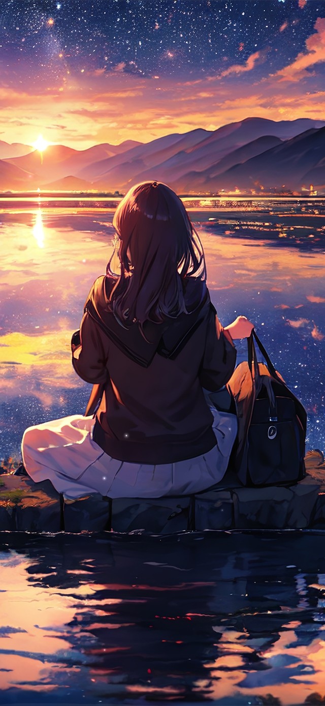 唯美夕阳湖泊少女