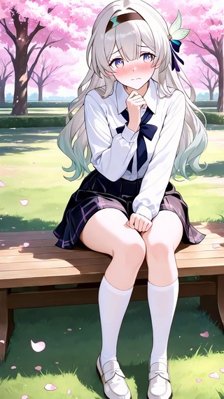 银发少女樱花树下等你