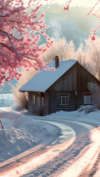 雪景樱花树木房屋