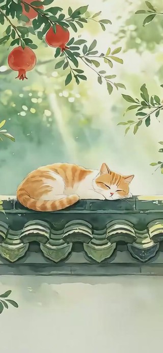 清新柿子屋檐小猫