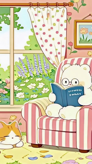 鲜花环绕的书房小熊