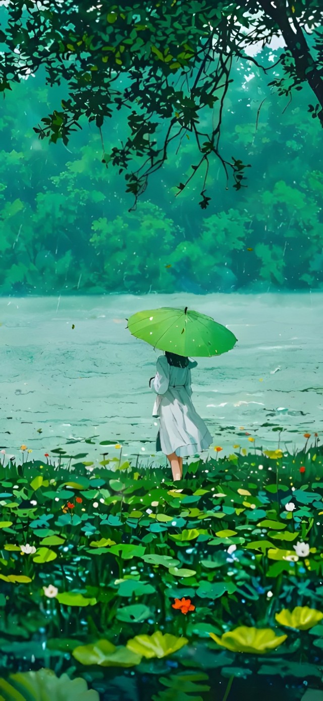青山花海绿树镜湖边的撑伞少女~