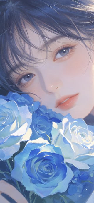 花漾壁纸|花里的蓝发少女
