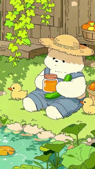 池塘边的农夫小熊