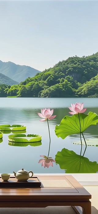 晴空荷塘映青山