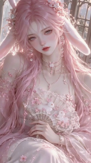 粉红花房兔耳粉发美女