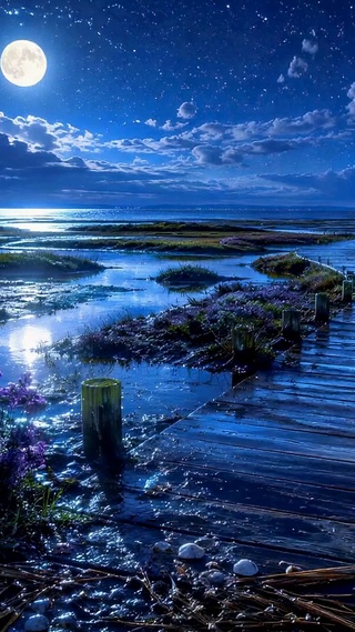 静谧月夜星空湿地栈道