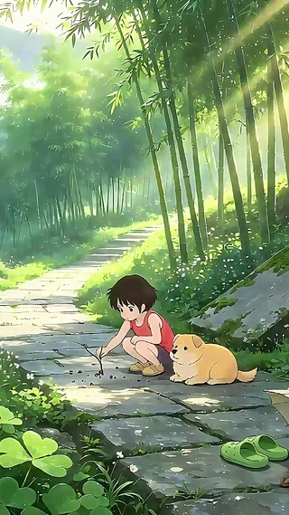 乡间小径少女和狗