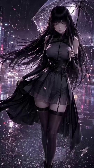 雨夜黑裙少女