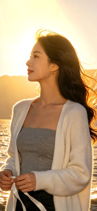 花漾壁纸|海边夕阳下的少女