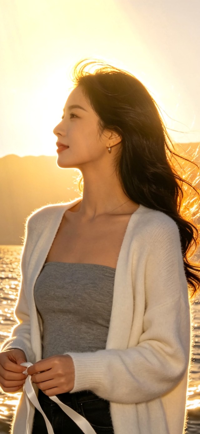 花漾壁纸|海边夕阳下的少女