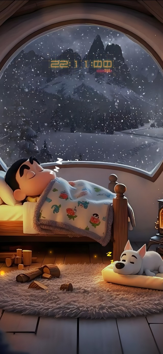 冬日雪夜壁炉卧室 酣睡的小新