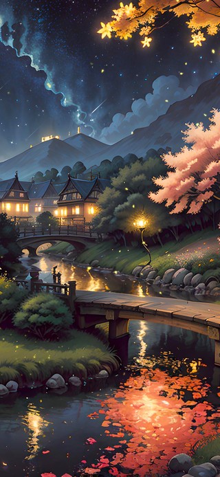 唯美小桥溪边小屋夜景