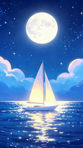 月夜星空蓝海帆船浪漫夜景