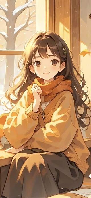 窗前享受冬日暖阳的少女