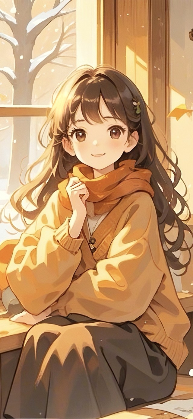 窗前享受冬日暖阳的少女