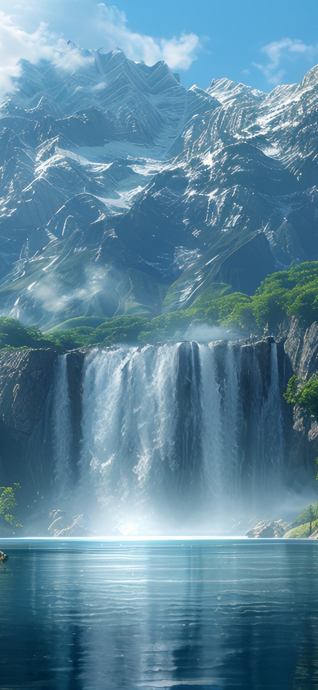 湖水瀑布远山