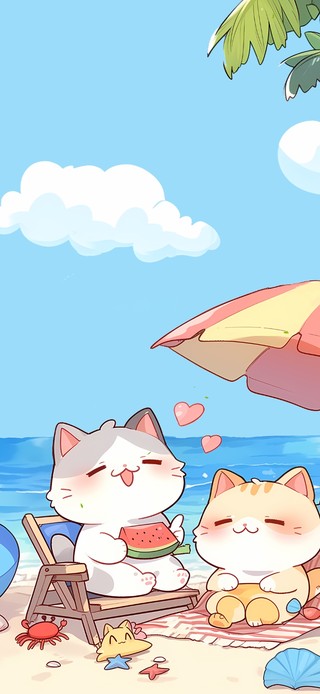 沙滩度假的猫咪家庭