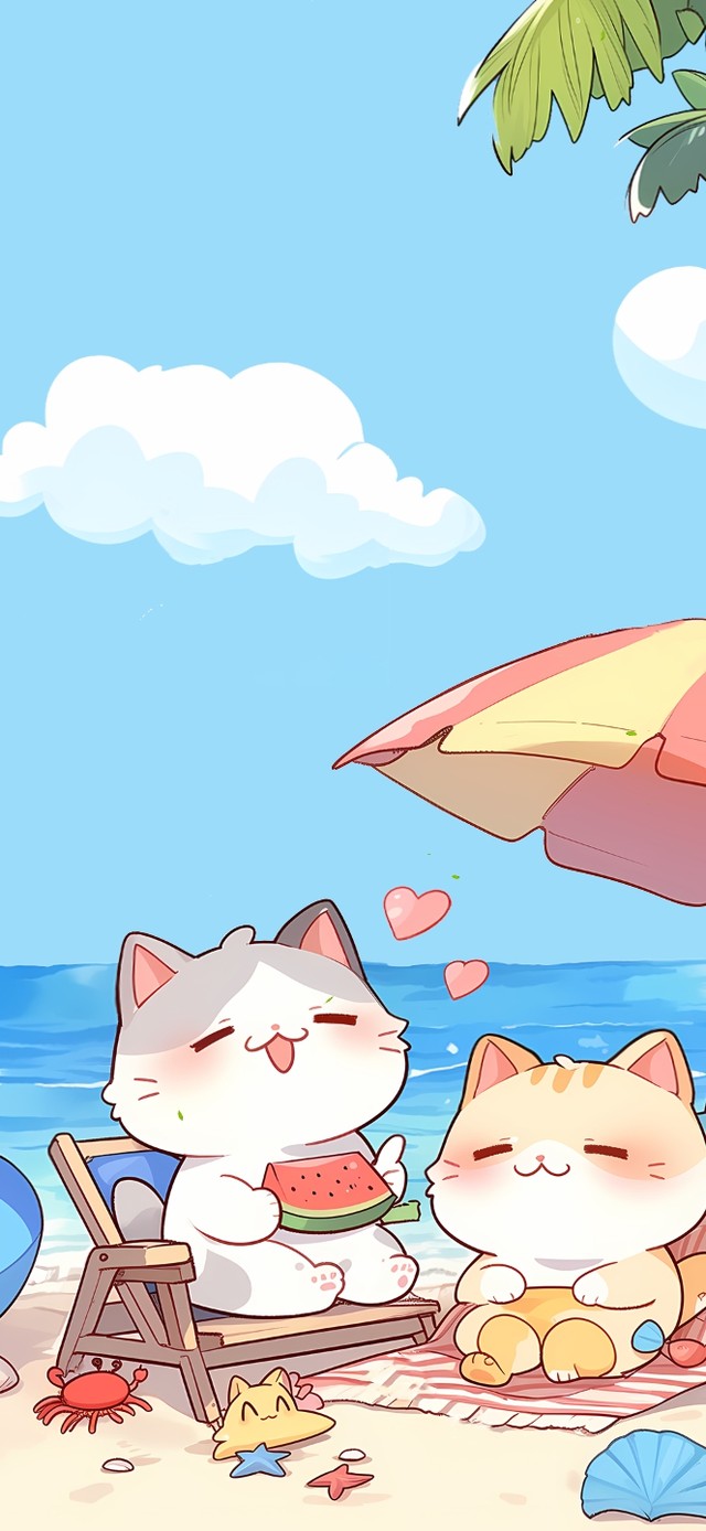 沙滩度假的猫咪家庭
