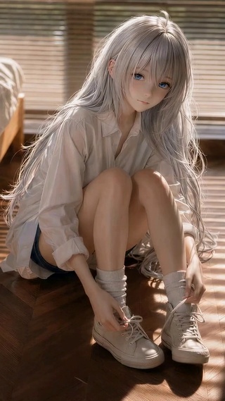 卧室银发二次元美少女