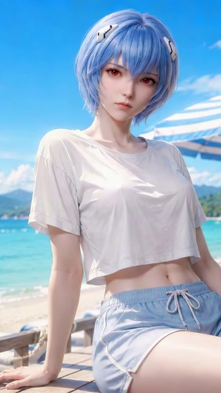 夏日海边蓝发少女