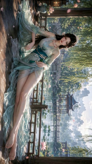 古风园林湖边清丽美人