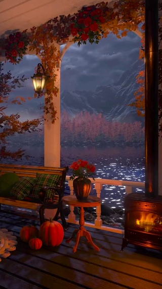 夜晚湖边落叶小屋