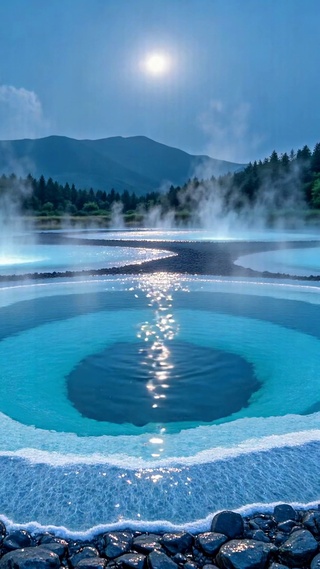 月夜林间梦幻蓝池温泉