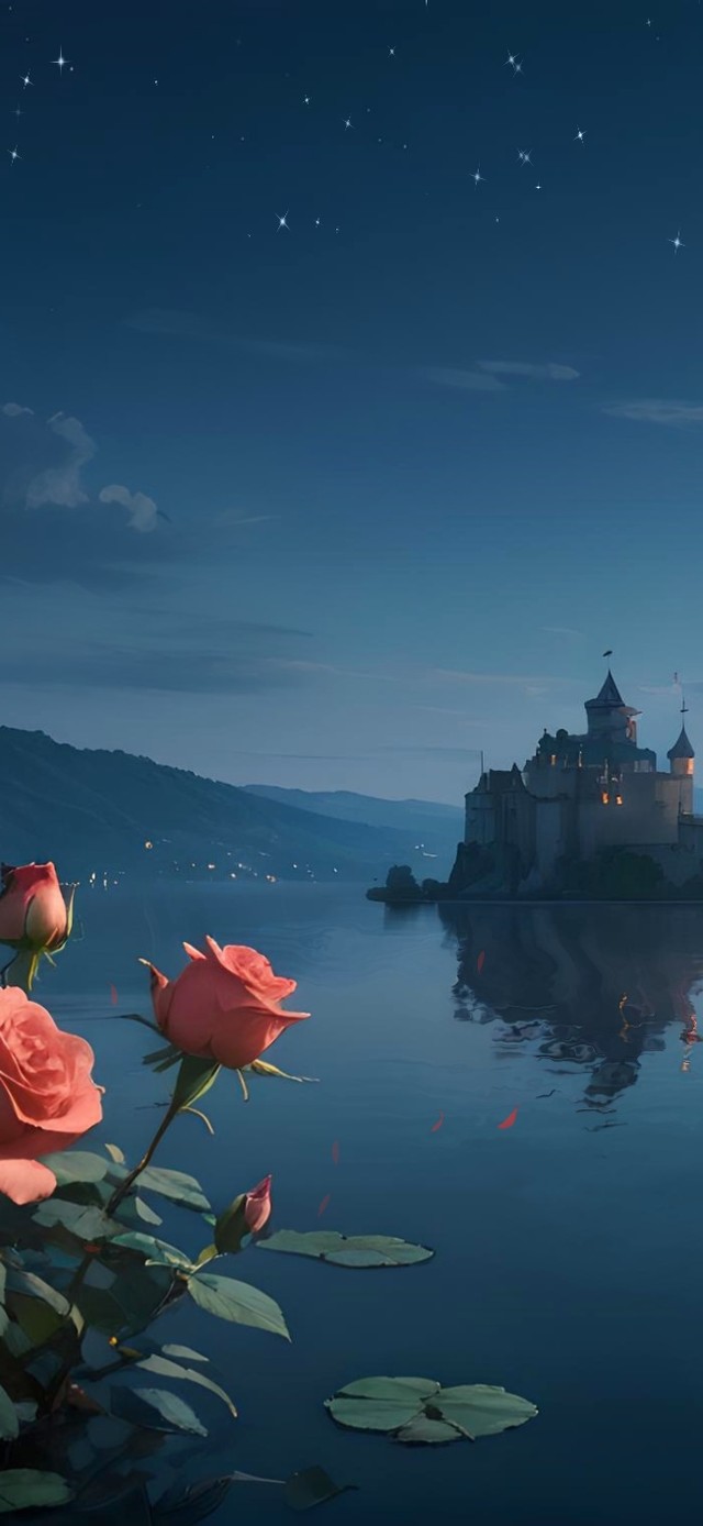 夜晚玫瑰湖边城堡