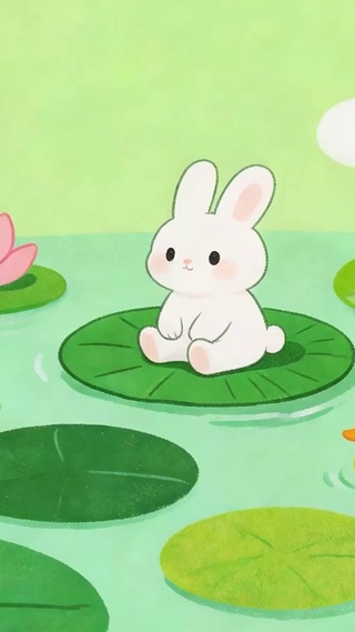 夏天荷花上兔子与鸭子