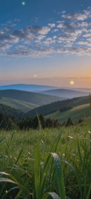 清晨日出第一缕阳光照在草地上