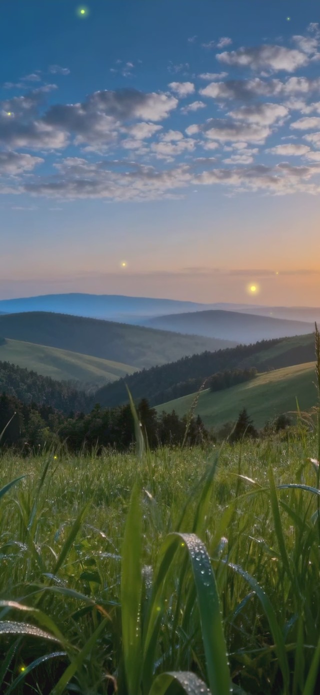 清晨日出第一缕阳光照在草地上