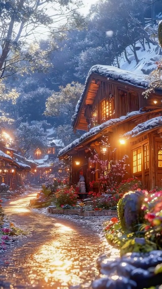 暖灯雪后林间古村夜景