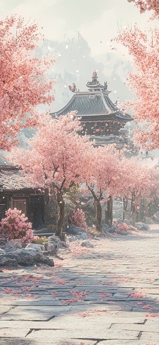 粉色樱花春日古镇