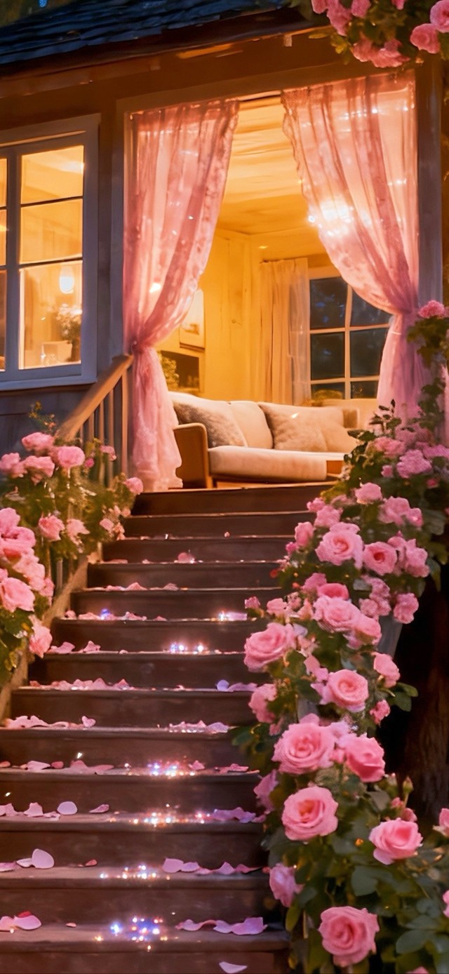 粉色月季花树屋