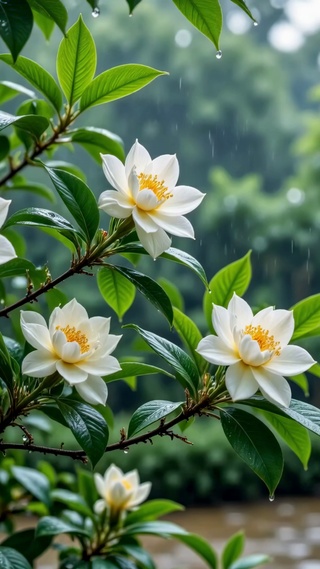 雨中凉亭与花朵